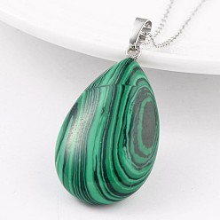 Малахит Подвески из латуни и малахита платинового цвета в форме капли, окрашенные, 41~43x23~25x11~13 мм, отверстие : 5 мм