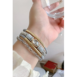 Гейнсборо Многорядные браслеты из искусственной кожи в стиле бохо для женщин, со стеклянными бусинами и магнитными застежками, светло-серые, 7-5/8 дюйм (19.3 см)