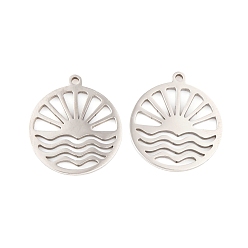 Нержавеющая Сталь Цвет Не тускнеет 5шт 201 подвески из нержавеющей стали, лазерная резка, плоский круглый с солнечным шармом, цвет нержавеющей стали, 17x15x1 мм, отверстие : 1.2 мм