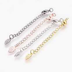Mixed Color Brass Chain Extender, with Lobster Claw Clasps, Cadmium Free & Nickel Free & Lead Free, Long-Lasting Plated, Leaf, Mixed Color, 70~76x3mm, Hole: 2.5mm, Clasps: 10x6x3mm