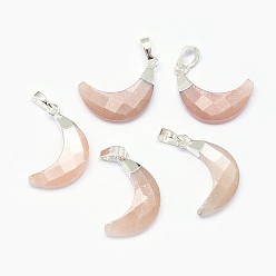 Солнечный Камень Подвески из натурального солнечного камня, с длинными латунными накладками, граненые, луна, серебряные, 18~20x11~12.5x5 мм, отверстие : 3.5x5.5 мм