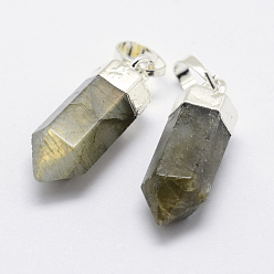Labradorite Natural Labradorite Pointed Pendants, Brass Findings, Long-Lasting Plated, Bullet, Silver, 19~20x6.5~7mm, Hole: 3.5x6mm