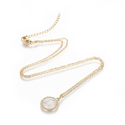 Letter L Brass Initial Pendant Necklaces, with Shell, Cubic Zirconia and 304 Stainless Steel Cable Chains, Flat Round with Letter, Letter.L, 17.5 inch(44.5cm), 1.5mm