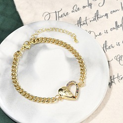 Настоящее золото 18K Латунь микро проложить кубического циркония браслеты ссылку, кубинская цепочка ювелирные изделия для женщин, сердце, реальный 18 k позолоченный, 7-3/8 дюйм (18.7 см), подвески: 30x20x4 мм