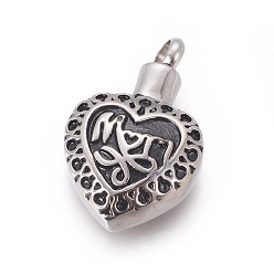 Antik Silber Farbe Muttertagsthema, retro 304 Edelstahl Anhänger, Parfüm-Flasche, Herz mit Wort Mama, Antik Silber Farbe, 29.5x18x8 mm, Bohrung: 4 mm