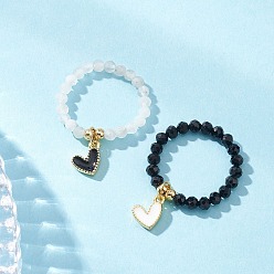 (52) Непрозрачная лаванда Кольца с бусинами из натурального черного турмалина и радужного лунного камня, сердце, с латунной эмалевой подвеской для пар, разноцветные, размер США 8 1/2 (18.5 мм)