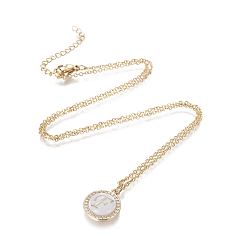 Letter F Brass Initial Pendant Necklaces, with Shell, Cubic Zirconia and 304 Stainless Steel Cable Chains, Flat Round with Letter, Letter.F, 17.5 inch(44.5cm), 1.5mm