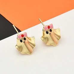 Pink Призрак с латунными серьгами-гвоздиками в виде банта, без кадмия и без свинца, стойки покрытие, с эмалью, реальный 18 k позолоченный, розовые, 0.71x0.61 дюйм (1.8x1.55 см)