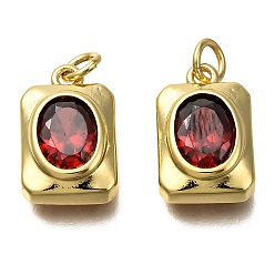 Красный Золотой тон латунные микро проложить кубического циркония кулоны, с прыжковых колец, долговечный, прямоугольные, красные, 14x9x4.5 мм, отверстие : 3 мм