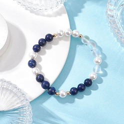 Ляпис-Лазурь Женские браслеты из круглых бусин с натуральным лазуритом, синтетическим лунным камнем и ракушечным жемчугом, внутренний диаметр: 2-3/8 дюйм (6 см)