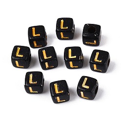 Letter L Непрозрачные акриловые бусины, золотой металл обвитыми, куб с письмом, чёрные, Письмо L, 4.5~5x4.5~5x4.5~5 мм, отверстие : 2 мм, Около 6250 шт / 500 г