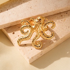 Golden 304 Stainless Steel Open Cuff Rings, Octopus, Statement Rings, Golden, Inner Diameter: 17.4mm