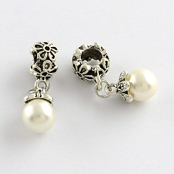 White Alloy European Dangle Charms, with Round ABS Plastic Imitation Pearl, Antique Silver, White, 31mm, Hole: 6mm