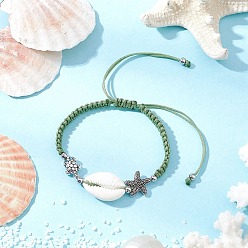 Темный Морско-зеленый Плетеные браслеты из бисера из натуральной раковины каури для женщин, черепаха и морская звезда, с нейлоновой нитью и бусинами из сплава в тибетском стиле, темно-зеленый, внутренний диаметр: 2 дюйм(5см)~ 3-3/8 дюйм(8.7см)