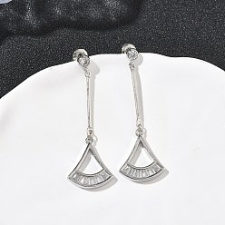 Платина Веерные латунные серьги-гвоздики с микропаве из прозрачных кубических цирконий, долговечный, без кадмия и без свинца, платина, 40.5x13.5 мм