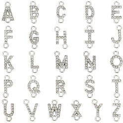 Platine 26 pcs 26 styles alliage cristal strass connecteur charmes, liens lettre a ~ z, platine, 15x5.5~9.5x2mm, Trou: 1.8~2mm, 1 pc / style
