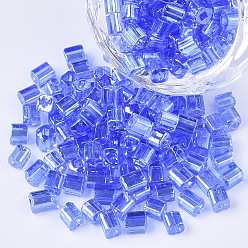 Light Sky Blue 6/0 Glass Seed Beads, Transparent Colours Luster, Square Hole, Cube, Light Sky Blue, 6/0, 3~5x3~4x3~4mm, Hole: 1.2~1.4mm, about 4500pcs/bag