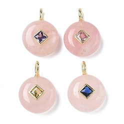 Розовый Кварц Природного розового кварца подвески, плоские круглые подвески с латунной микропаве из кубических цирконий случайных цветов, золотые, 22x16x6.5~8 мм, отверстие : 2.5x4 мм