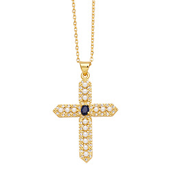 Prussian Blue Brass Micro Pave Cubic Zirconia Pendant Necklaces, with Plastic Bead, Cross, Prussian Blue, 17.72 inch(45cm)