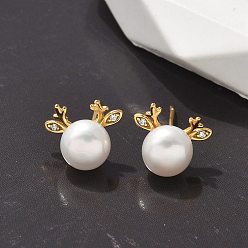 Золотой 925 серьги-гвоздики из стерлингового серебра с микропаве из прозрачных кубических цирконий для женщин, с ABS имитации жемчуга, олень, золотые, 8.5x10.5 мм