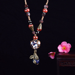 Красный Сплав и фарфор сердце кисточка подвеска деревянные бусины ожерелья для женщин, античная бронза, красные, 35.43 дюйм (90 см)