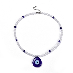 Blue Lampwork Teardrop  with Evil Eye Pendant Necklaces, with Cat Eye and Glass Beads, Blue, 18.5 inch(47cm)