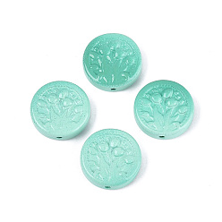 Pale Turquoise Two Tone Color Baking Paint Opaque Glass Beads, Flat Round with Flower Pattern, Pale Turquoise, 20x6~6.5mm, Hole: 1.4~1.6mm