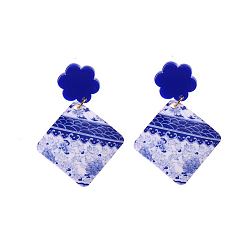 Rhombus Акриловые сине-белые фарфоровые серьги-гвоздики с принтом, ромб, 50x35 мм