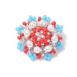 Red Seed Beads Beaded Charms, Flower Pendants, with Shell Pearl Beads, Red, 21x21x8.5mm, Hole: 0.8mm