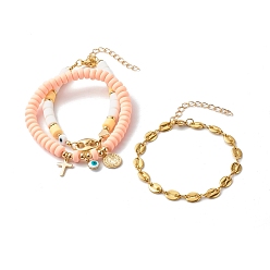 Light Salmon Stretch & Beaded & Link Chain Bracelets Sets, with Handmade Polymer Clay Beads, Brass Pendant, Alloy Links, Light Salmon, Inner Diameter: 2-5/8 inch(6.8cm), 7.48 inch(190mm), 7.28 inch(185mm), 3pcs/set