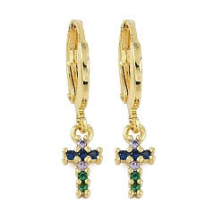 Cross Женские серьги-кольца из латуни с микропаве и кубическим цирконием, реальный 18 k позолоченный, крестик, 25x5 мм