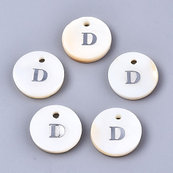 Letter D Natural Freshwater Shell Pendants, with Platinum Plated Iron Etched Metal Embellishments, Flat Round with Initial Letter, White, Letter.D, 11x2mm, Hole: 1.5mm
