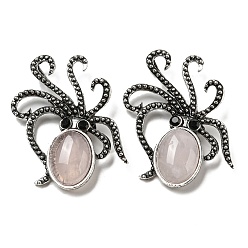 Розовый Кварц Брошь в виде осьминога из натурального розового кварца, булавки с морскими животными из сплава Pave Jet со стразами, античное серебро, 52.5~53x36.5x8~9 мм, отверстие : 7x4 мм