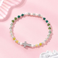 Зеленый Браслеты из окрашенного натурального малазийского нефрита в форме ронделей и культивированного пресноводного жемчуга, выполненные из эластичной ткани., Женские украшения с крестом из латуни с микропаве из кубических цирконий, зелёные, внутренний диаметр: 2.13 дюйм (5.4 см)