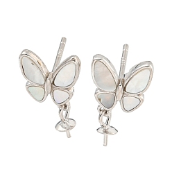 Real Platinum Plated Rhodium Plated 925 Sterling Silver Stud Earrings Findings, with Shell Butterfly, Real Platinum Plated, 14x8mm, Pin: 1x11mm