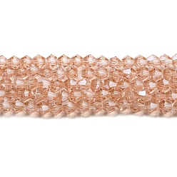 Pink Transparent Electroplate Glass Beads Strands, Pearl Luster Plated, Faceted, Bicone, Pink, 4x4mm, Hole: 0.8mm, about 87~98pcs/strand, 12.76~14.61 inch(32.4~37.1cm)