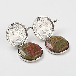 Унакит Природные подвески Unakite, С выводами медальона из медных рассеивателей, плоские круглые с деревом, 31x26x8 мм, отверстие : 4 мм