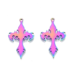 Rainbow Color Ion Plating(IP) 201 Stainless Steel Pendants, Cross, Rainbow Color, 34.5x21x1.5mm, Hole: 1.4mm