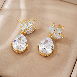 Золотой Элегантные серьги-гвоздики в форме капли из латуни с микропаве из прозрачных кубических цирконий, золотые