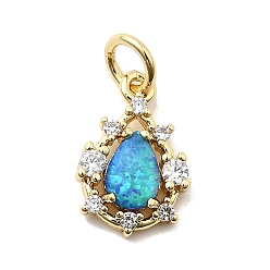 Темно-Голубой Подвески-слезинки из синтетического опала, с латунными вставками из прозрачных кубических цирконий и соединительными кольцами, реальный 18 k позолоченный, долговечный, стойки покрытие, без свинца и без кадмия, глубокое синее небо, 13x8.5x2.5 мм, отверстие : 3.3 мм