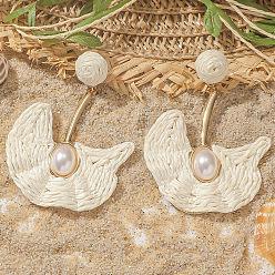 Белый Серьги-гвоздики из сплава рафии с подвесками, с пластиковой имитационной жемчужиной, золотые, белые, 75x50 мм