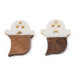 White Halloween Theme Resin & Walnut Wood Pendants, Ghost, White, 28.5x22.5x3mm, Hole: 1.8mm