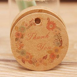 Цвет Древесины Бумажные подарочные бирки, хэндж теги, для декоративно-прикладного искусства, благодарение, раунд с цветком и словом спасибо, деревесиные, 30x0.4 мм, отверстие : 3 мм