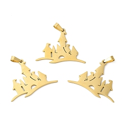 Golden Ion Plating(IP) 304 Stainless Steel Pendants, Castle Charm, Golden, 24.5x32.5x1.5mm, Hole: 6.5x3.5mm