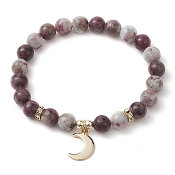 Луна 8круглые эластичные браслеты из натурального турмалина с цветком сливы и бусинами мм., позолоченные 304 браслеты с подвесками из нержавеющей стали для женщин и мужчин, луна, внутренний диаметр: 2-1/4 дюйм (5.6 см)