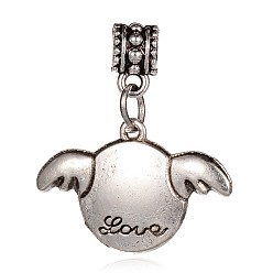 Antique Silver Tibetan Style Large Hole Alloy European Dangle Charms, Flat Round with Wing, Antique Silver, 30mm, Hole: 4.8mm
