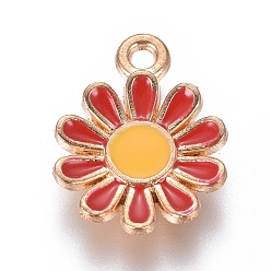 Red Alloy Pendants, with Enamel, Daisy, Light Gold, Red, 15x11.5x2mm, Hole: 1.4mm