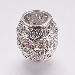 Платина Латунные микро проложить кубического циркония бусы, баррель, бусины с большим отверстием, полый, платина, 10x9 мм, отверстие : 5.5 мм