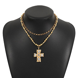 Золотой Ccb пластиковый круглый бусины из железного сплава кристалл горный хрусталь крест кулон двухслойные ожерелья, золотые, 14.37 дюйм (36.5 см) и 16.54 дюйм (42 см), 2 шт / комплект