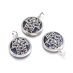 Содалитовое Природные подвески содалитом, с латунной фурнитурой платинового цвета, квартира с рукой хамсы/рукой мириам, 31x27.5x8.5 мм, отверстие : 6.5x4 мм